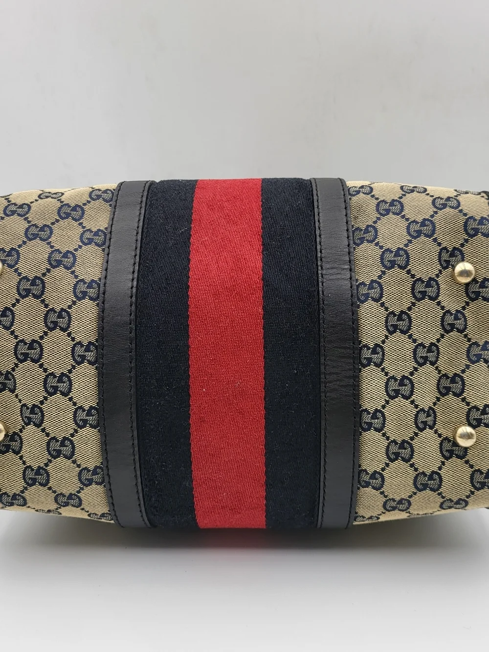 GUCCI Monogram Selleria Calfskin Vintage Web Medium Boston Black, Auth. w/COA..